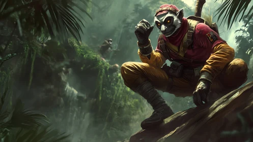 Jungle scout lemur pauses on a mossy ledge in quiet alert