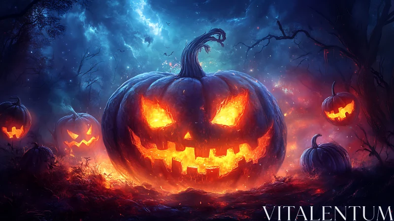 Glowing jack o’ lanterns blaze in a haunted twilight forest