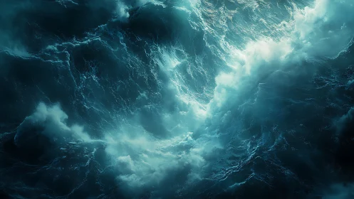 Violent teal ocean waves crash in swirling storm seas.