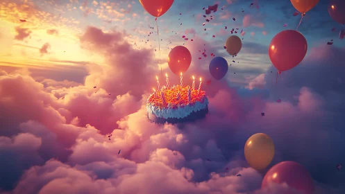 Celestial Birthday Cake Ascending Through Cloud Formations.