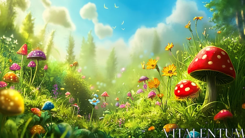 Sunlit toadstool meadow where daydreams quietly bloom.