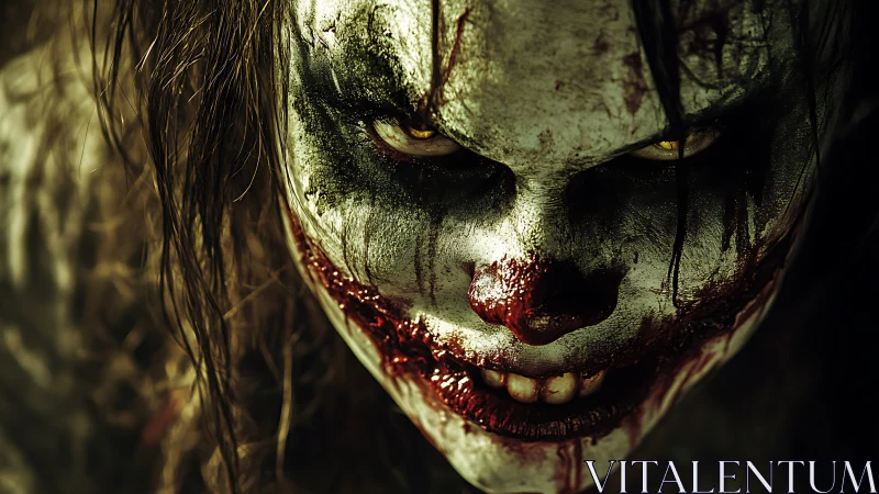 Decayed clown face with smeared blood and high-contrast lighting