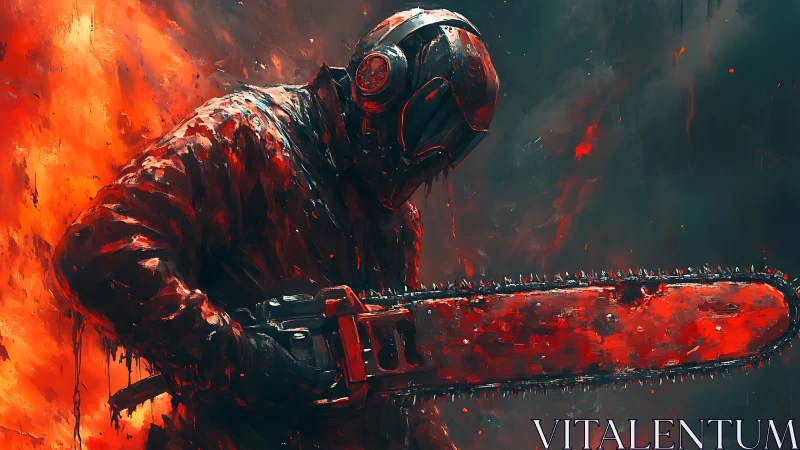Armored chainsaw wielder advances through infernal flames