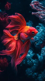 Vivid red goldfish swimming against deep blue water.