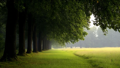 Morning light gently brightens a peaceful tree lined meadow