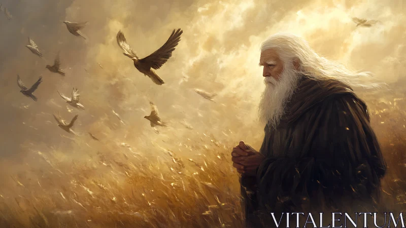 Elderly wanderer walks through golden field beneath rising doves