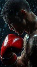 Boxer in Rain with Red Gloves. Intensity.