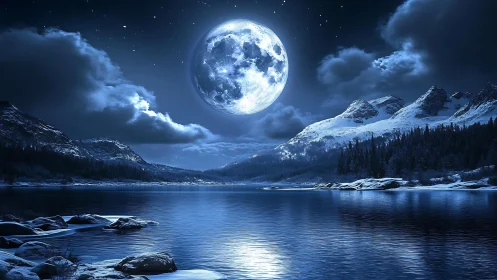 Hyper-detailed lunar-lit alpine lake with specular water reflections