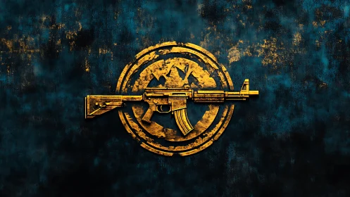 Grunge-styled golden assault rifle emblem on textured teal field