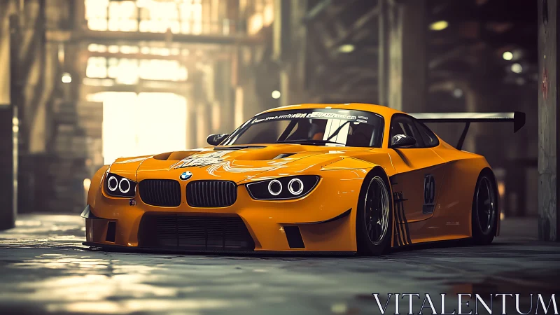 Orange BMW race car sits low in dim industrial warehouse