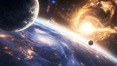 Twin planets over luminous nebular starfield and spiral vortex