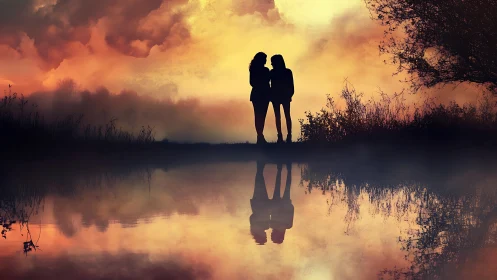 Silhouetted figures at water's edge during sunset.