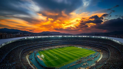 Sunset sky ignites packed football stadium panorama.