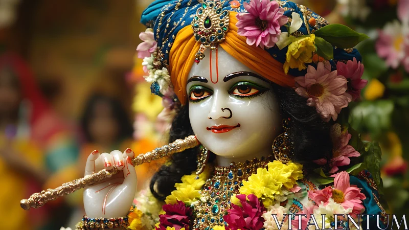 Ornate Krishna idol with jeweled flute amid vivid blossoms.