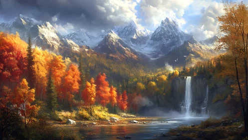 Golden autumn valley with misty waterfall and calm river.