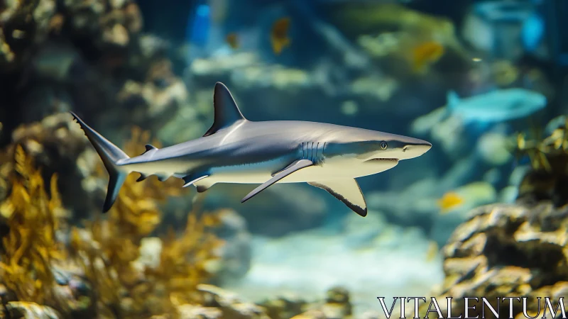 Graceful shark glides calmly through a colorful coral reef