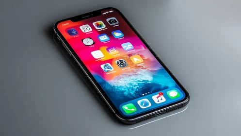 Modern iPhone displaying vibrant homescreen interface against neutral backdrop.