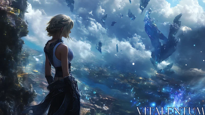 Skyborne wanderer watching shattered heavens drift apart.