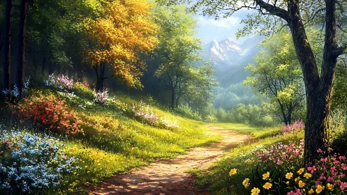 Forest path curves through bright wildflower meadow landscape