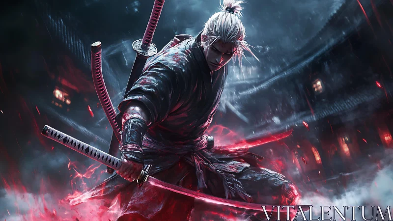 White haired samurai holds glowing red katanas in combat stance