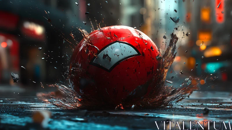 Red spherical object impacts wet street, displacing dirty water.