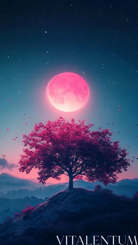 Pink moon over lone magenta tree on hill at night.