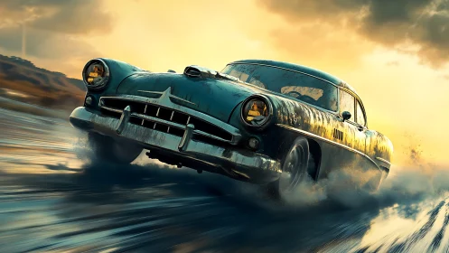 Dynamic retro coupe drifting through cinematic sunset storm.
