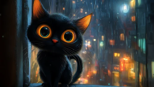 Black Cat with Luminous Eyes in Urban Rain Setting.