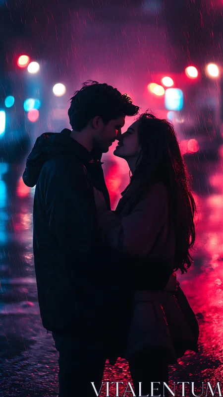 Couple kissing in rain with neon city lights in background
