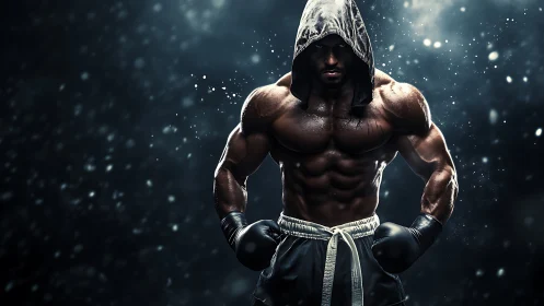 Muscular male athlete in boxing stance with ethereal particle effects