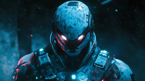 Armored cybernetic soldier glares through glowing visor ice