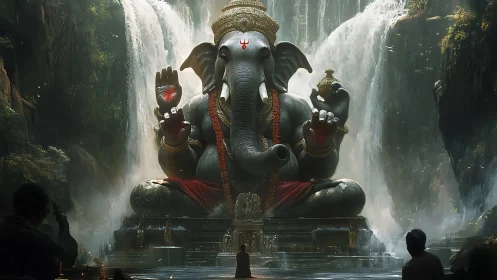 Colossal Ganesha deity before cascading mountain waterfalls.