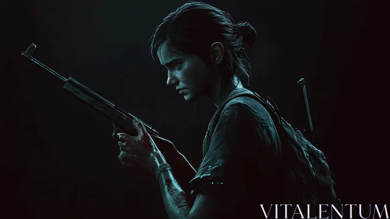 Steel-nerved survivor girl stalks shadows with worn rifle.