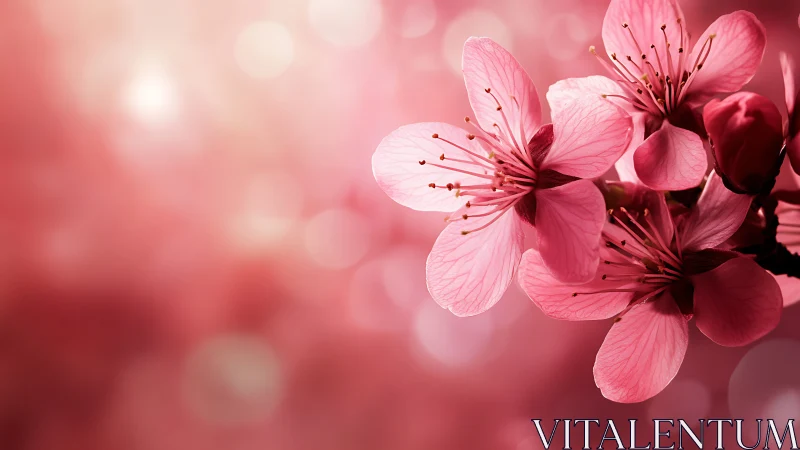 Pink Cherry Blossoms Luminous in Soft Sunlit Haze.