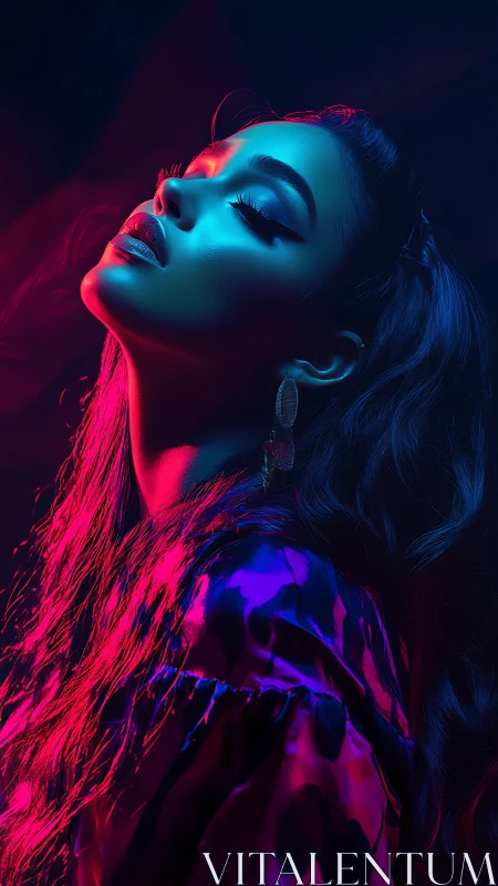 Neon drenched profile of woman in moody cyber glow.