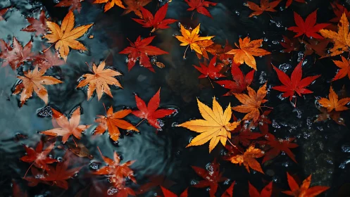 Firebright maple leaves drifting across a twilight stream.