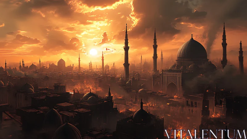 Sunlit domed city under siege with volumetric smoke pillars