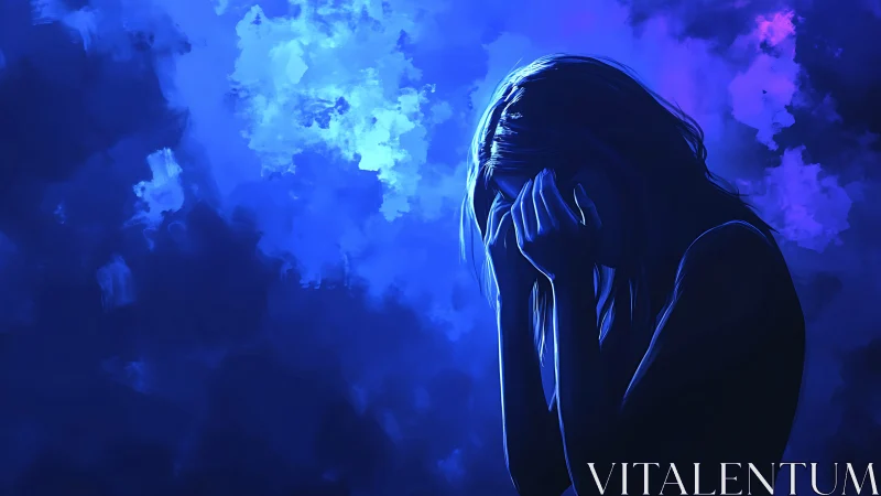 Solitary figure weeps beneath moody electric blue clouds