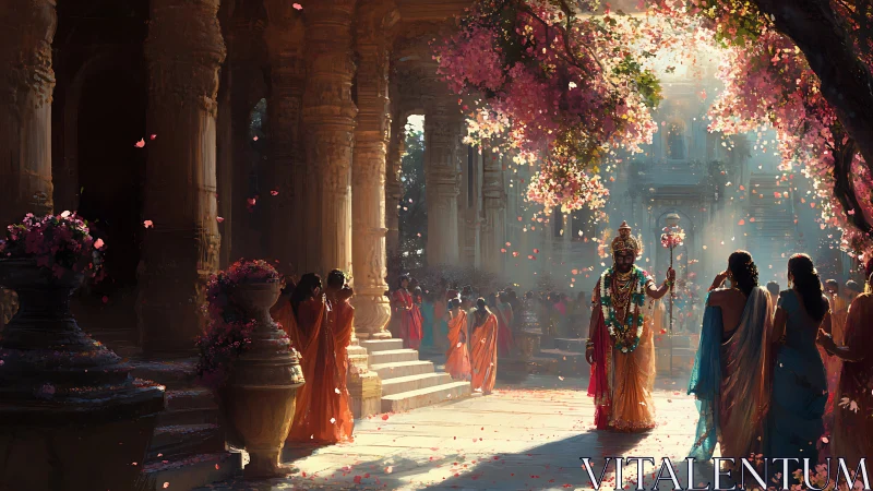 Blossom dust crowns a temple procession in shimmering light