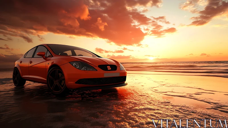 Sporty orange car on wet beach under vivid sunset sky.