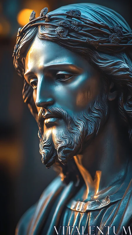 Bronze-toned Christ bust rendered with dramatic rim lighting