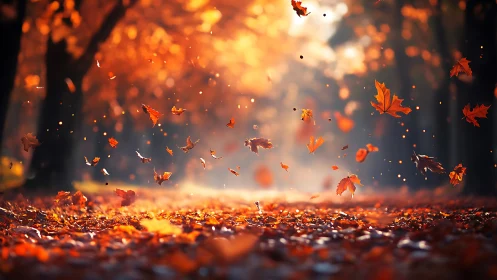 Golden autumn leaves swirl gently along a glowing forest path