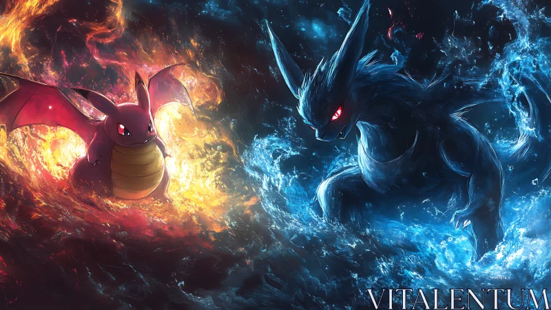 Elemental dragon duel ignites in roaring fire and tidal fury.