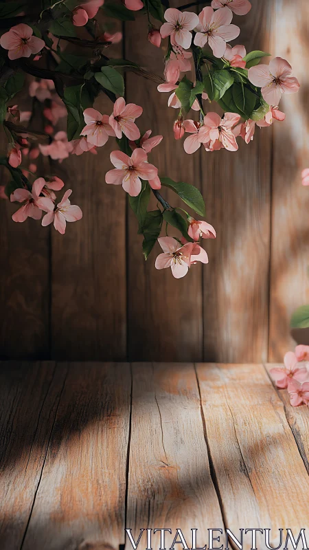 Cascading Cherry Blossoms Against Weathered Wood Background
