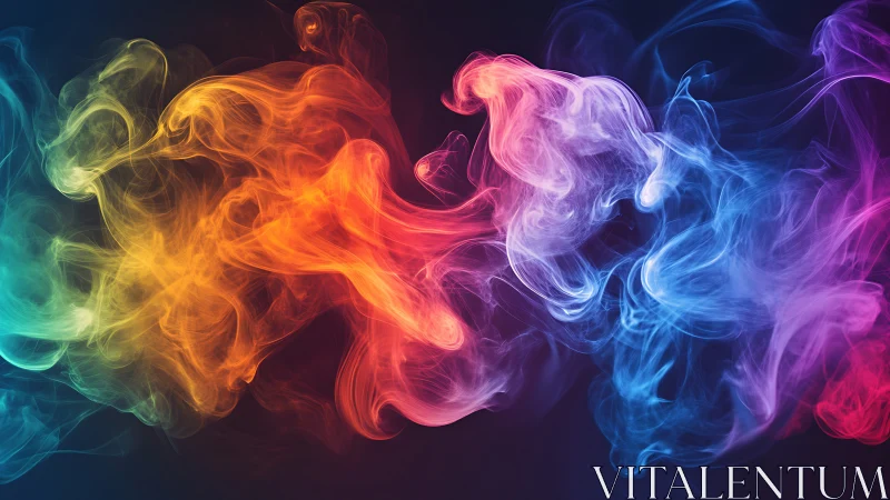 Digital painting of multicolor flowing smoke on dark ground.