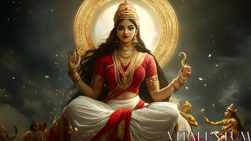 Moonlit goddess ascends in swirling gold and scarlet glory.