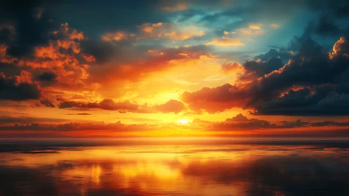 Dramatic sunset over calm ocean with vivid fiery clouds.