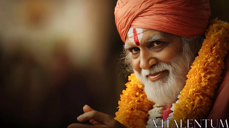 Warmly smiling elder in garland shares gentle, wise joy