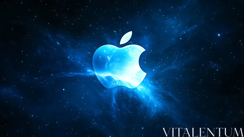 Glowing apple emblem floats in a deep blue cosmic nebula