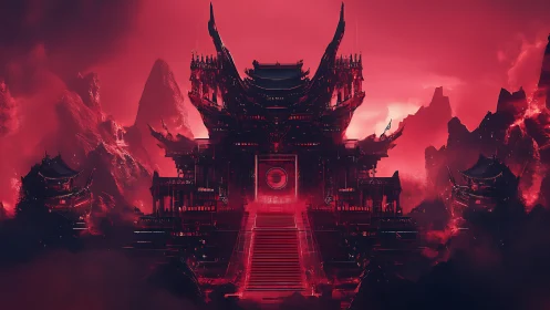 Dark red fantasy fortress rising in jagged volcanic mountains.